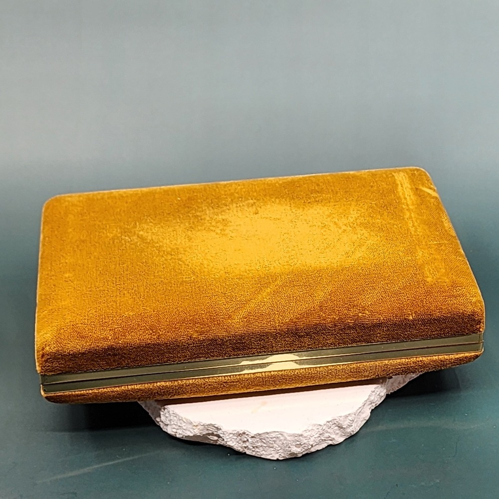Vintage MELE Pierced Earring Jewelry Box Mustard Velvet Gold Tone Travel Case
